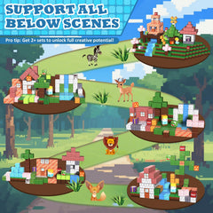 Set includes instruction manual plus 14 pattern blocks for guided builds.
