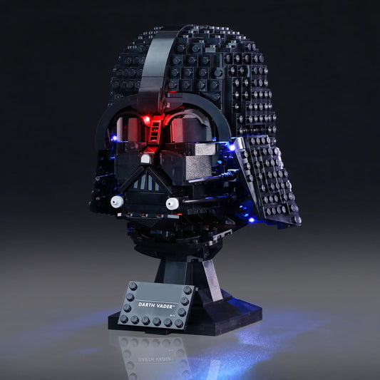 Mililier Darth Vader LED light kit illuminates the 75304 helmet for dramatic display.