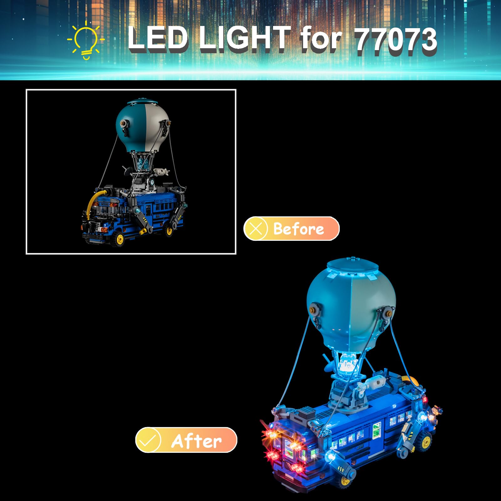 Mililier LED light kit for Lego Battle Bus 77073 — USB power for easy setup.