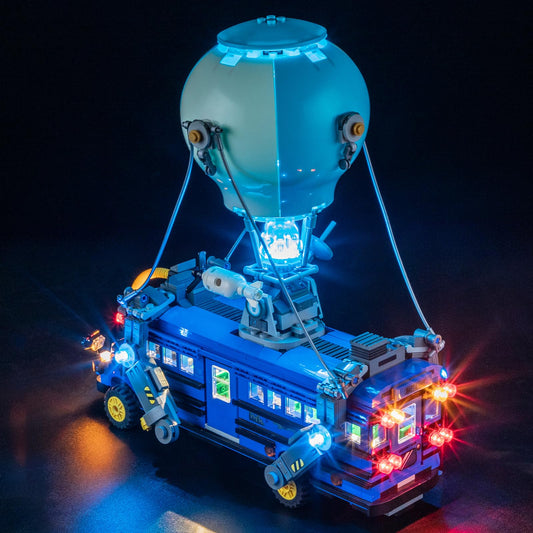 Mililier LED light kit for Lego Battle Bus 77073 — front view with vivid lighting.