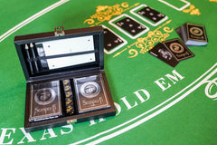 EGA dice in black with gold pips for authentic game nights
