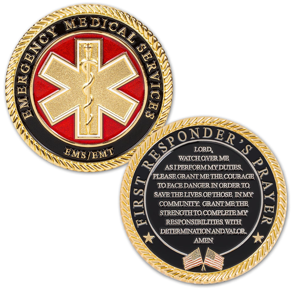 Military Gift Shop EMS-EMT Prayer Coin front view highlights courage emblem for first responders.