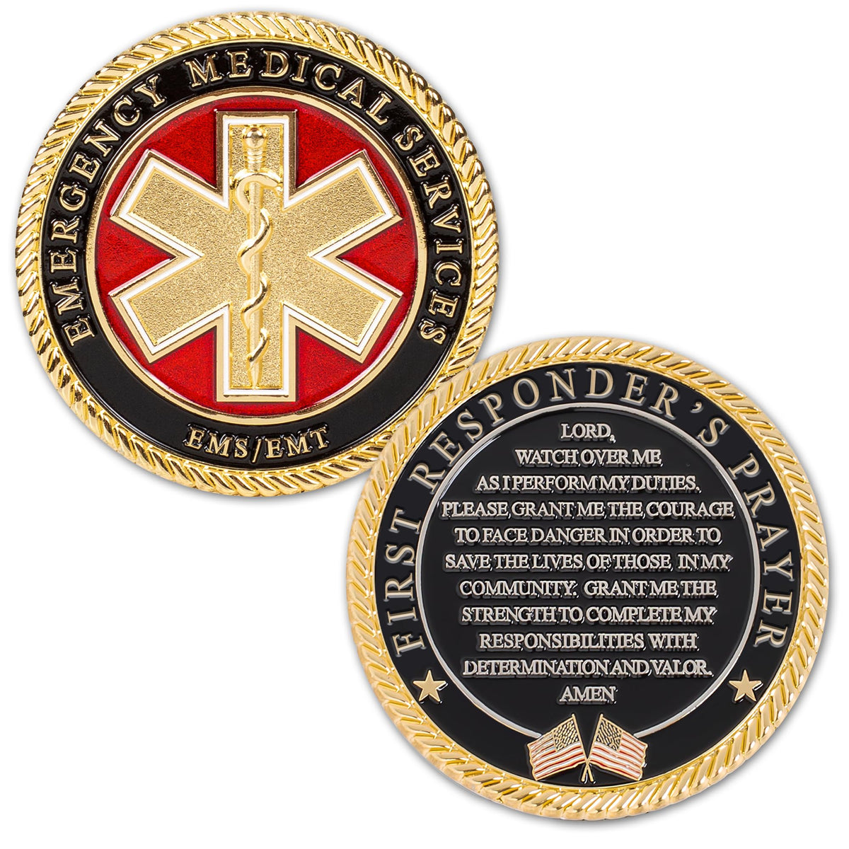 Military Gift Shop EMS-EMT Prayer Coin front view highlights courage emblem for first responders.