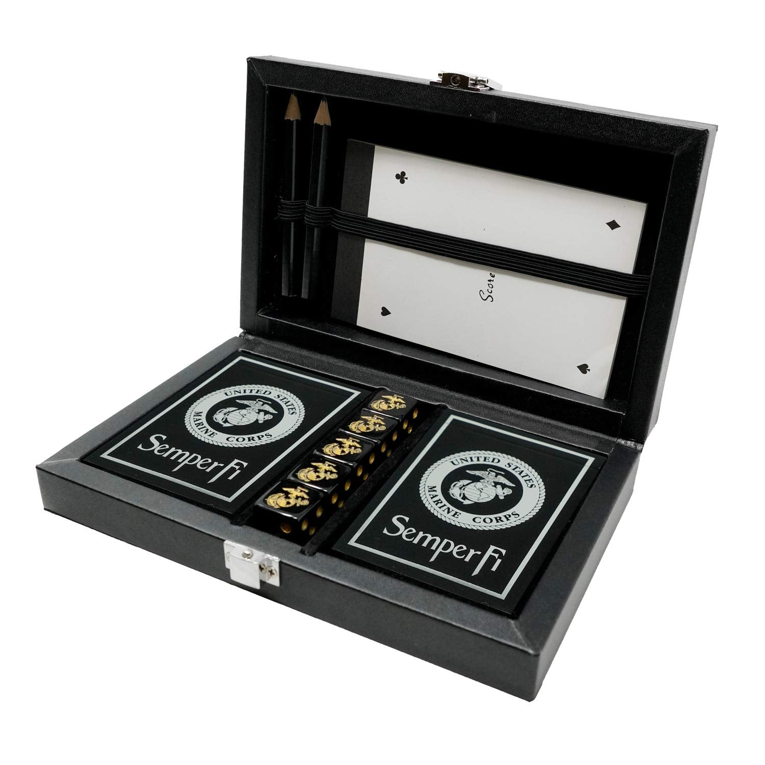 Military Gift Shop Marine Corps playing cards box offers premium leather storage and display