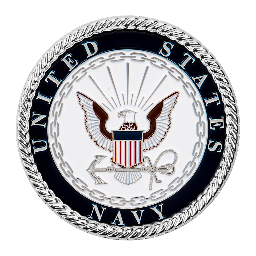Military Gift Shop Navy crest display stand for an elegant, ready-to-show coin presentation.
