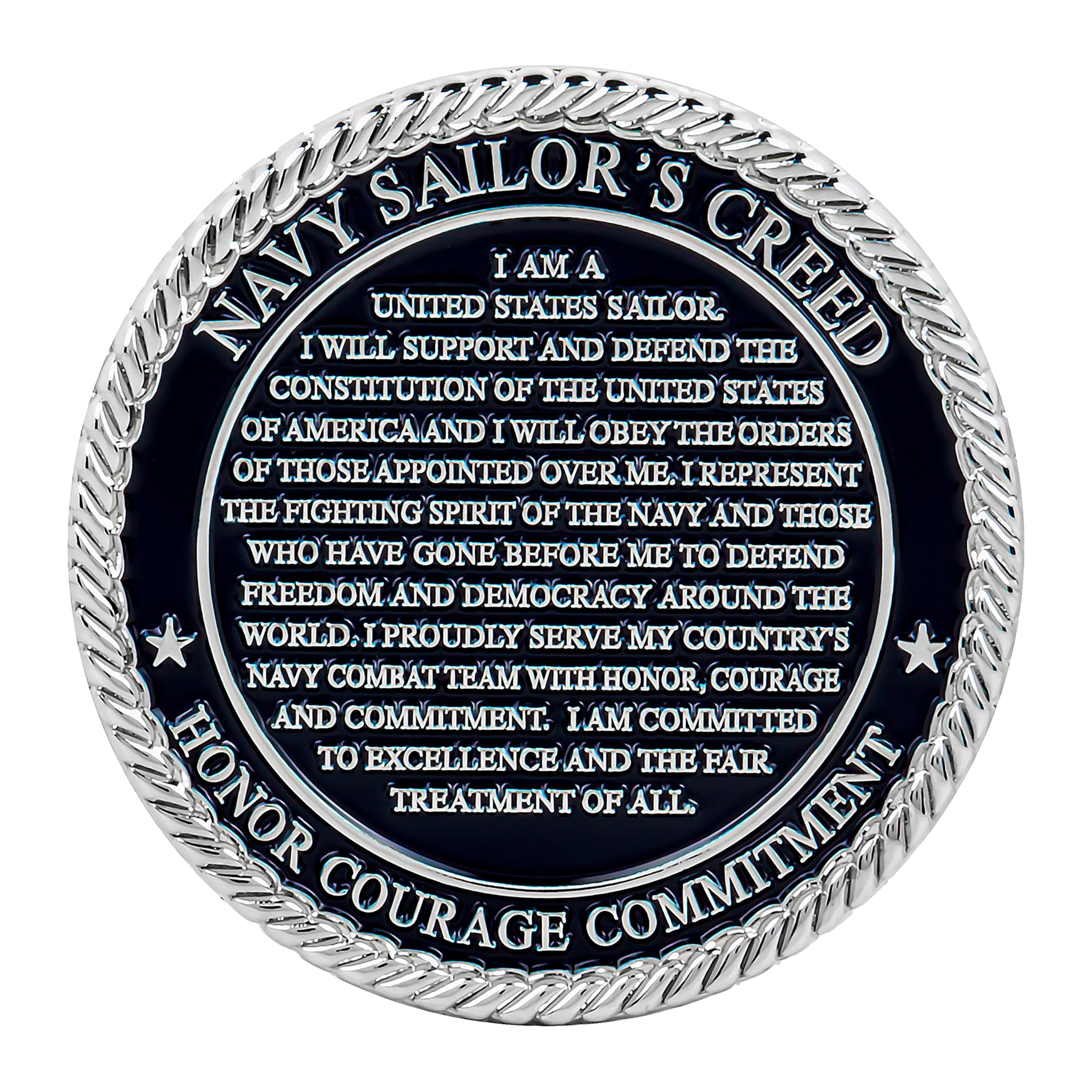 Military Gift Shop Sailors Creed coin closeup inscription emphasizing durability and detail.