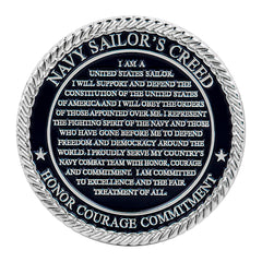 Military Gift Shop Sailors Creed coin closeup inscription emphasizing durability and detail.