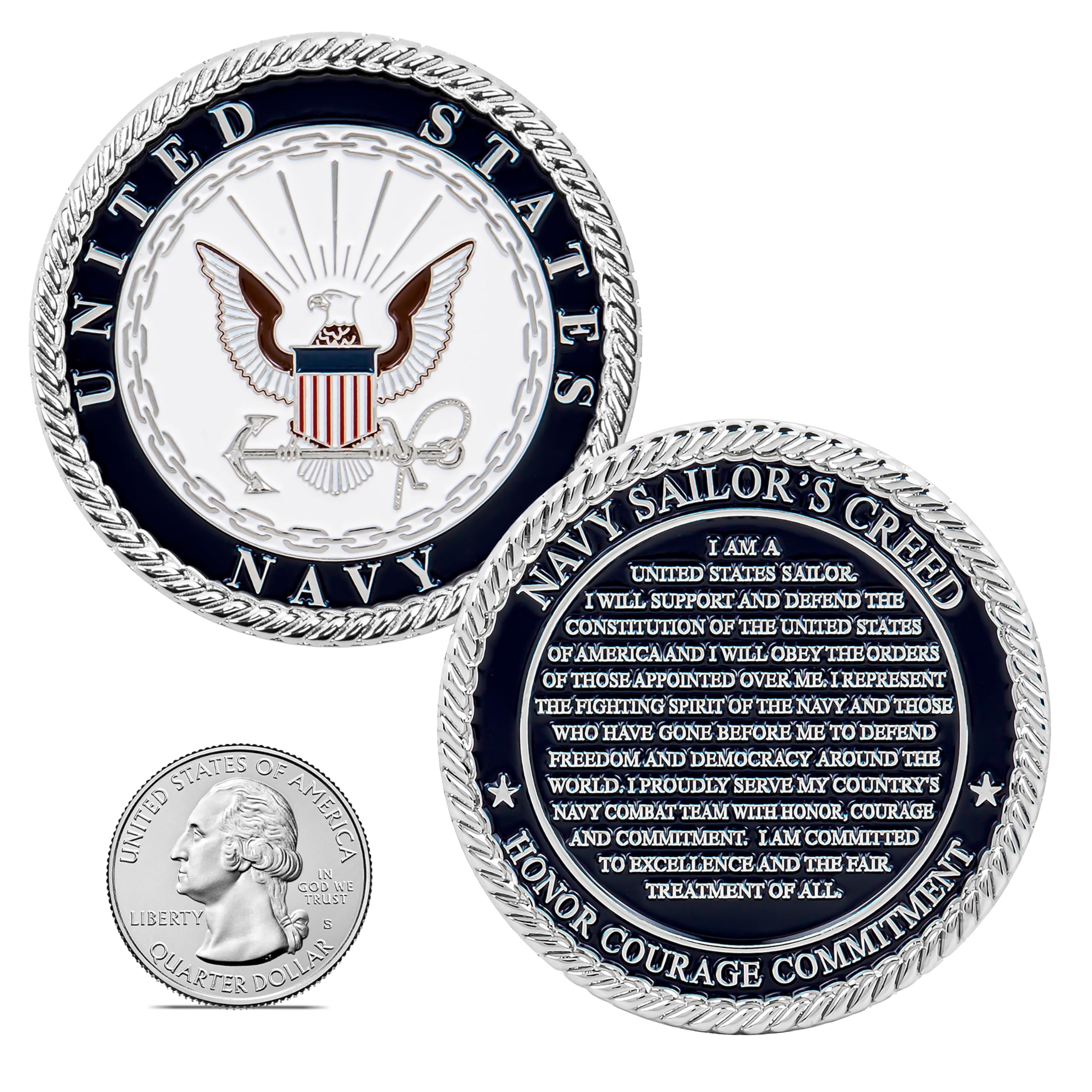 Military Gift Shop US Navy Sailor's Creed coin back view highlighting engraved motto.