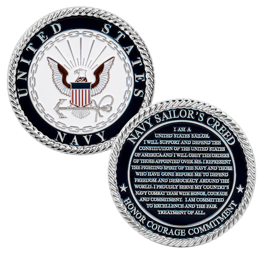 Military Gift Shop US Navy Sailor's Creed coin front view, premium craftsmanship for display and gifting.