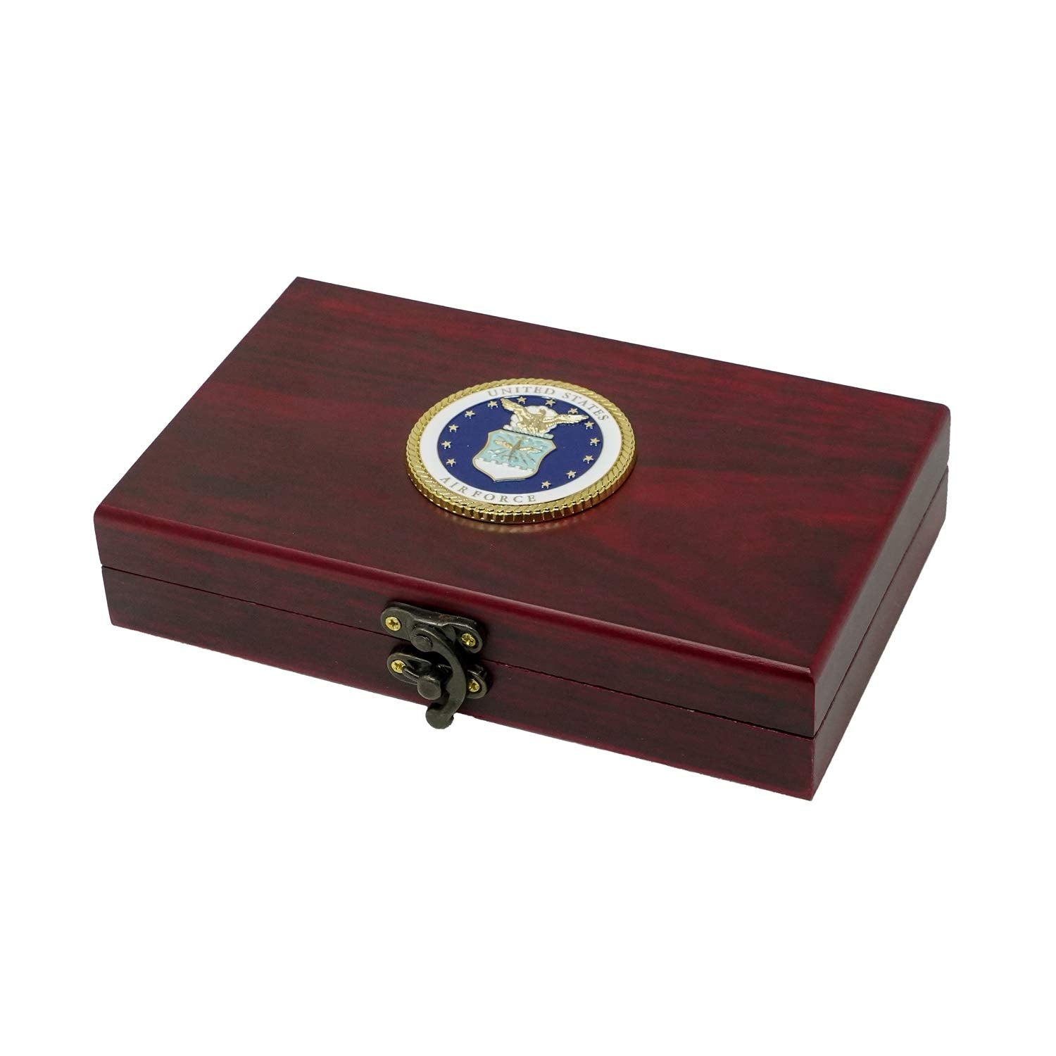 Wooden box with 3D USAF emblem adds tactile appeal