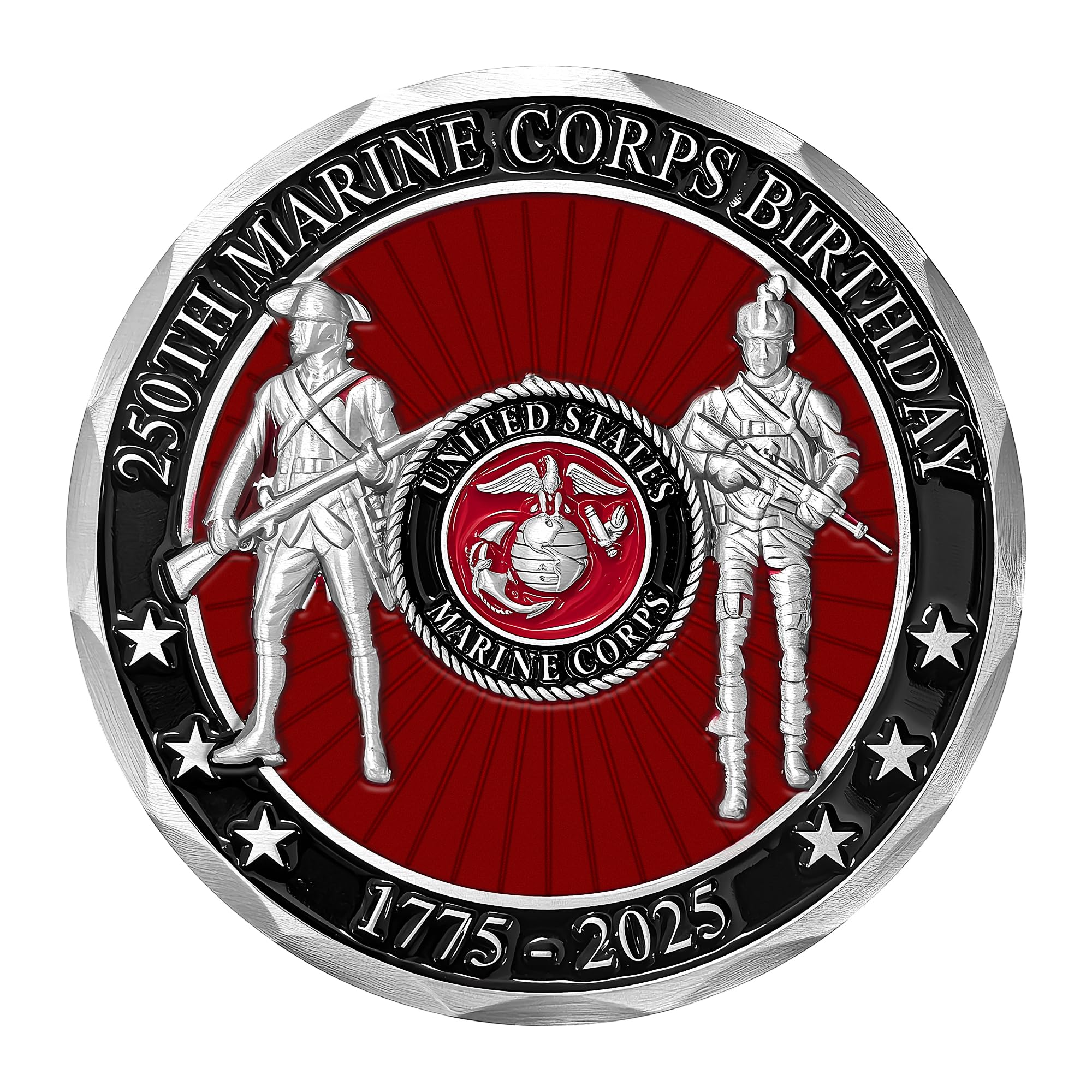 Military Gift Shop USMC 250th back depicts evolution of Marine with seal, ideal keepsake.