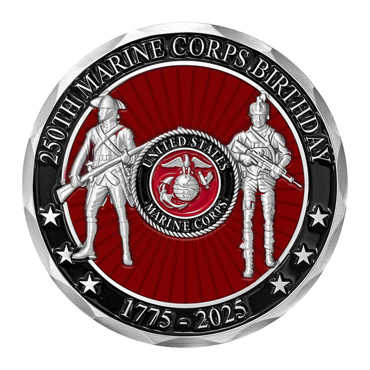 Military Gift Shop USMC 250th back depicts evolution of Marine with seal, ideal keepsake.