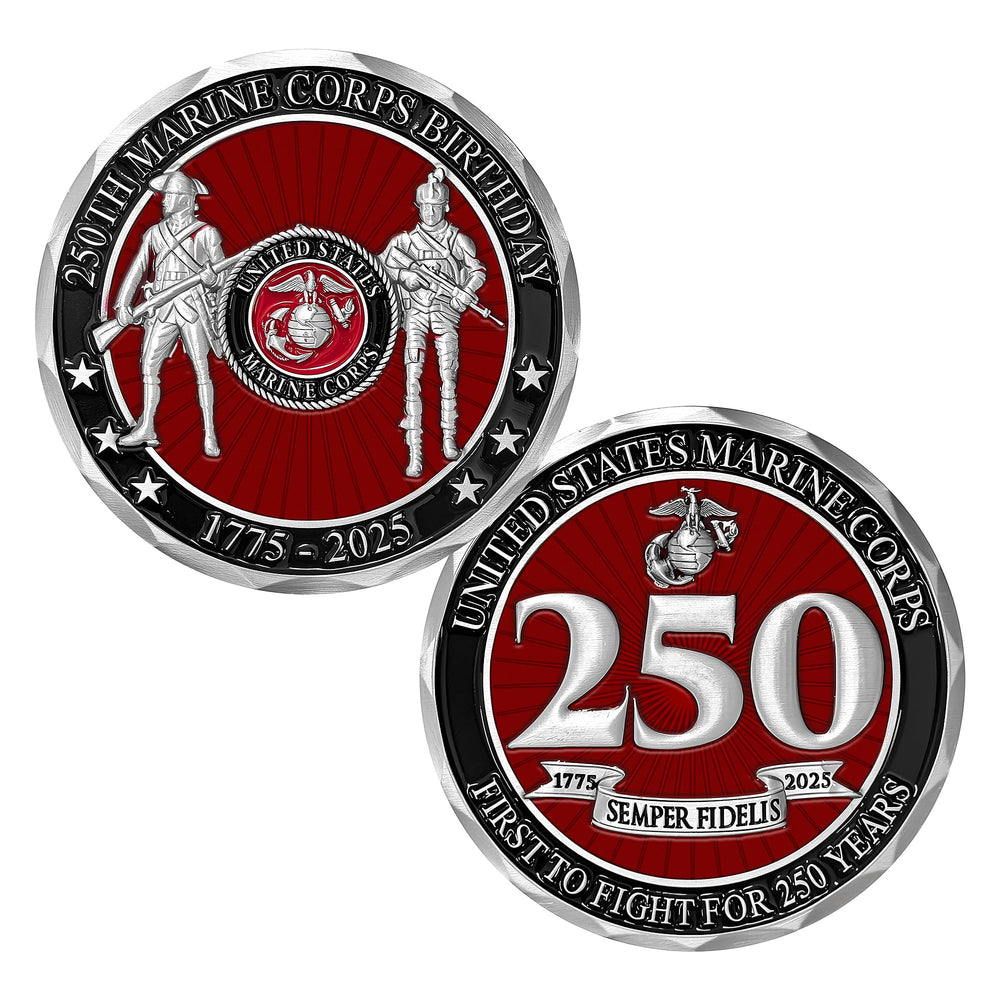 Military Gift Shop USMC 250th front coin design highlights Semper Fidelis and history.