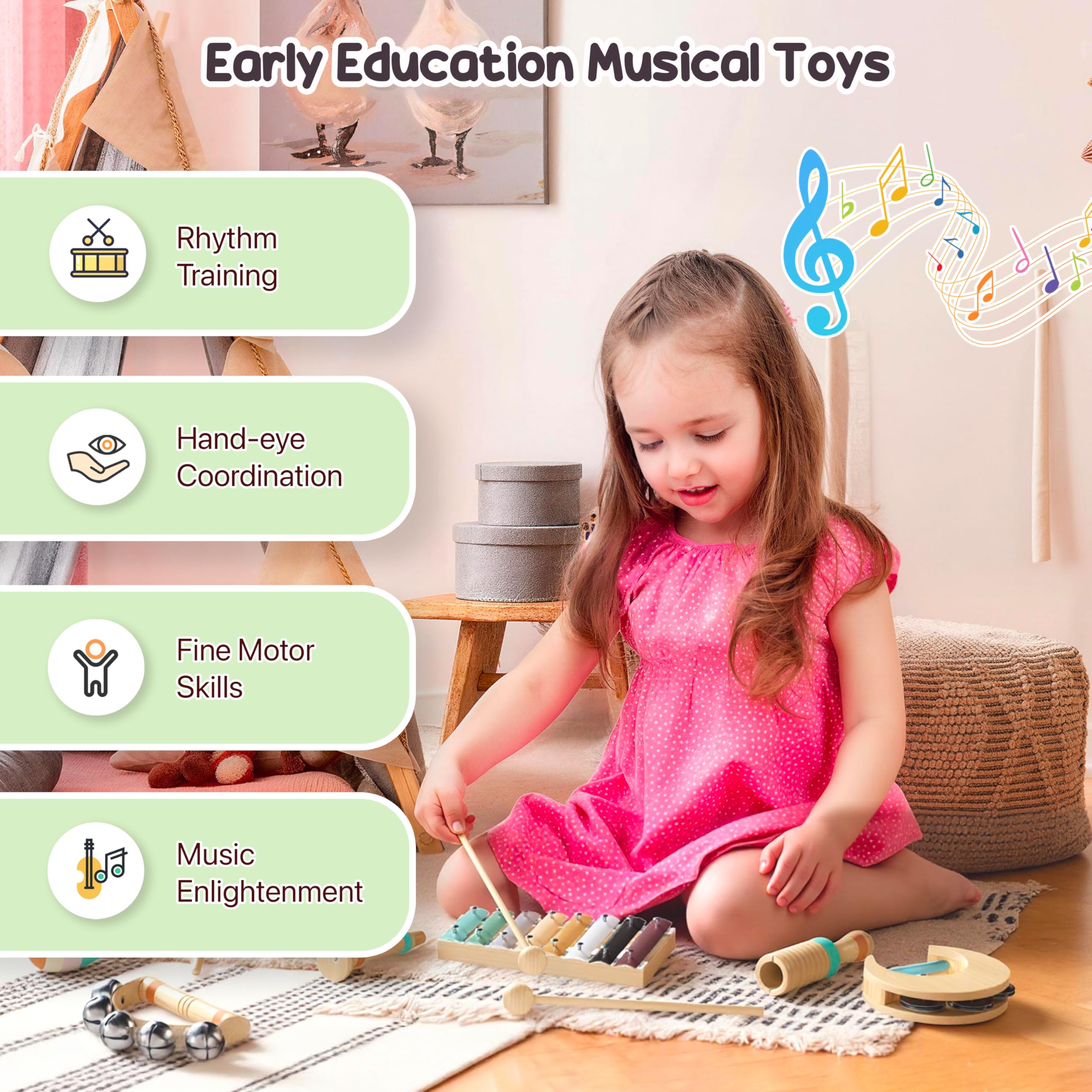 Miljgte Montessori wooden percussion collection for focused, imaginative play.