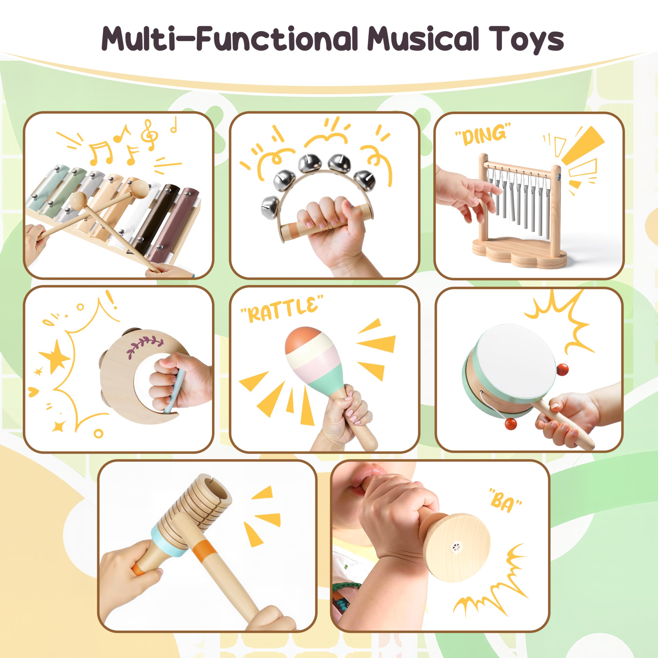 Miljgte wooden percussion instruments for kids with varied sounds.