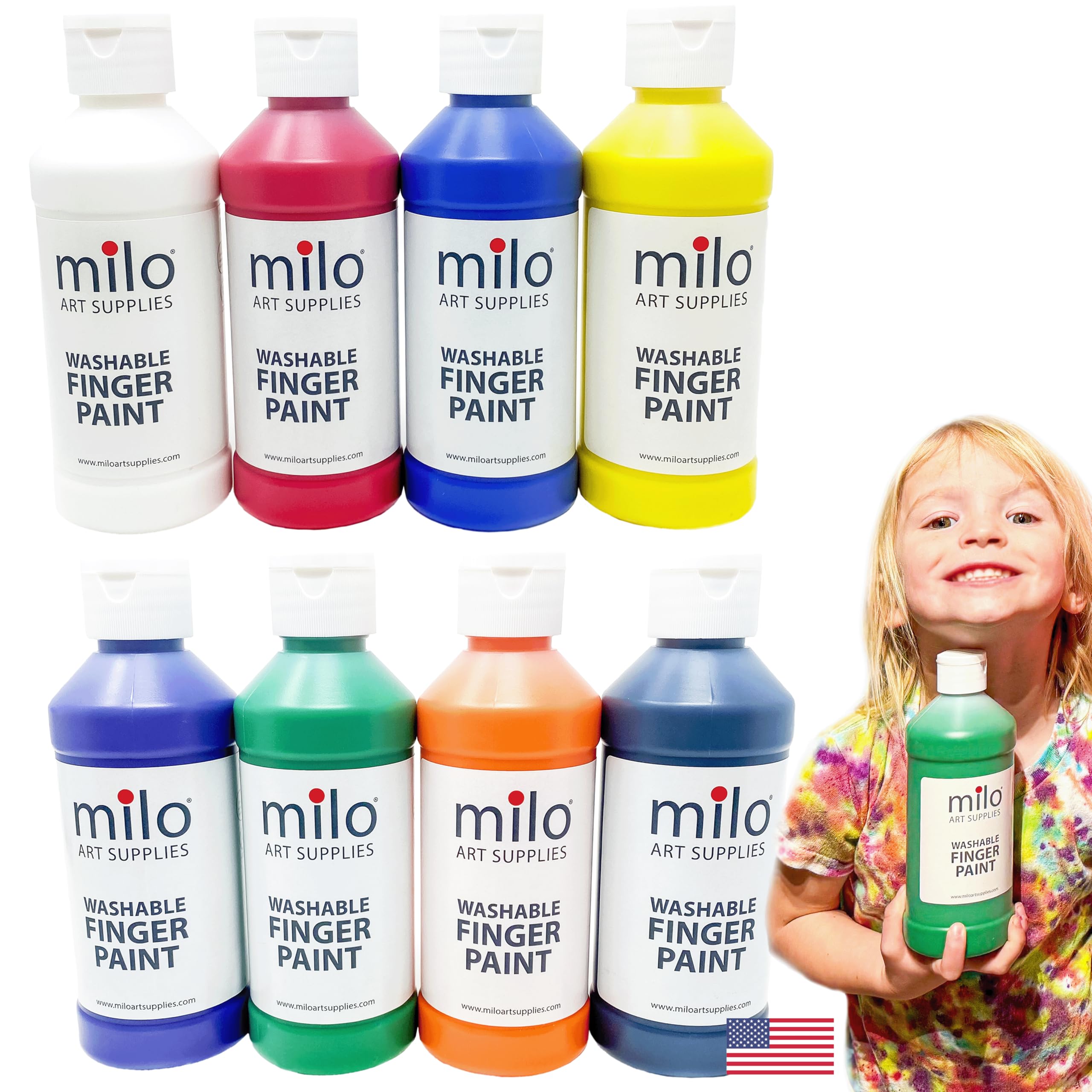 Milo finger paint set with 8 colors for vibrant kid art projects.