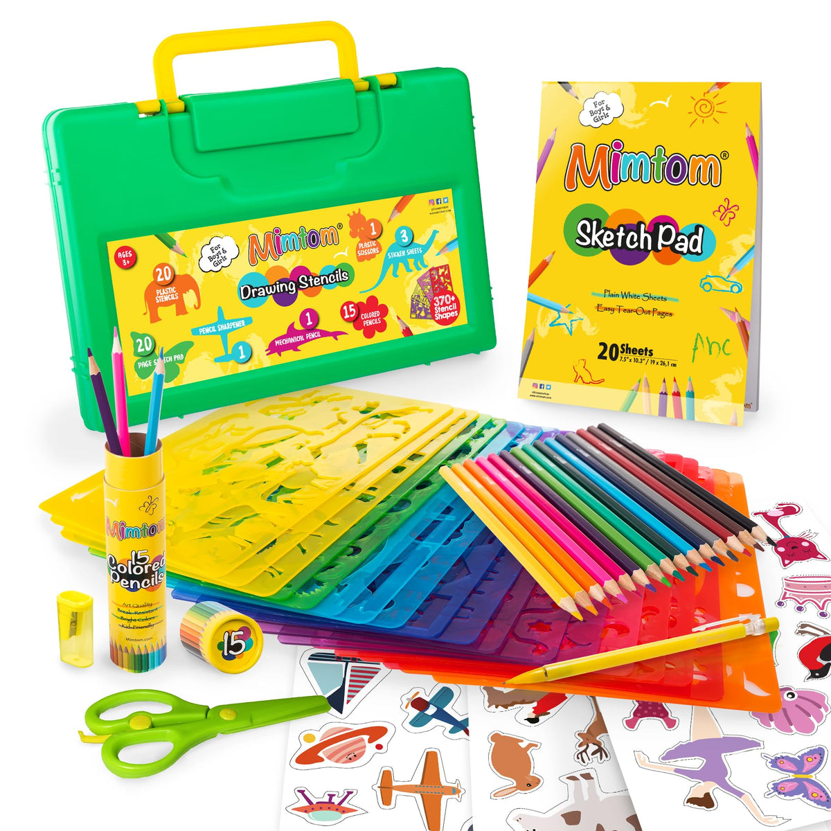 Mimtom drawing stencil kit with 20 plastic stencils fosters creative shape practice.