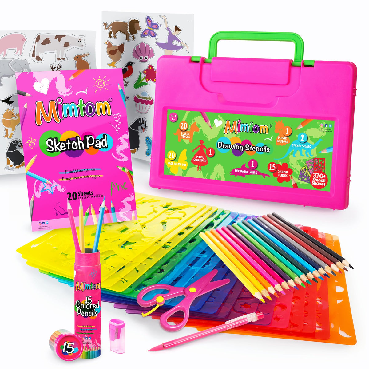 Mimtom drawing stencil kit for kids with 60-piece set keeps art sessions organized.