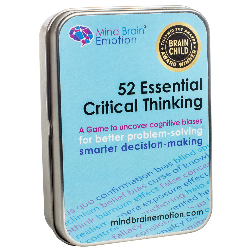 Mind Brain Emotion 52 Essential Critical Thinking deck cover promotes bias awareness.