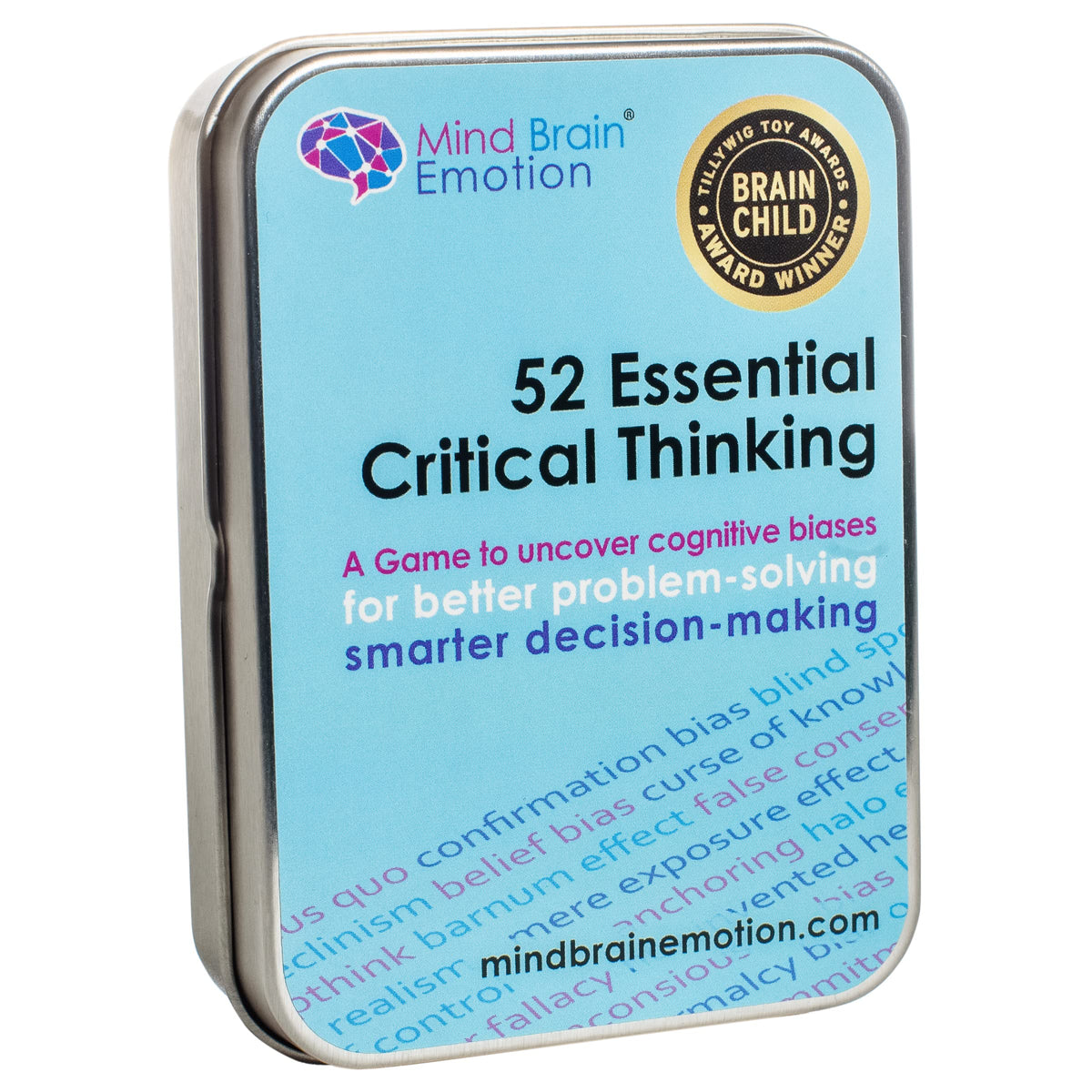 Mind Brain Emotion 52 Essential Critical Thinking deck cover promotes bias awareness.
