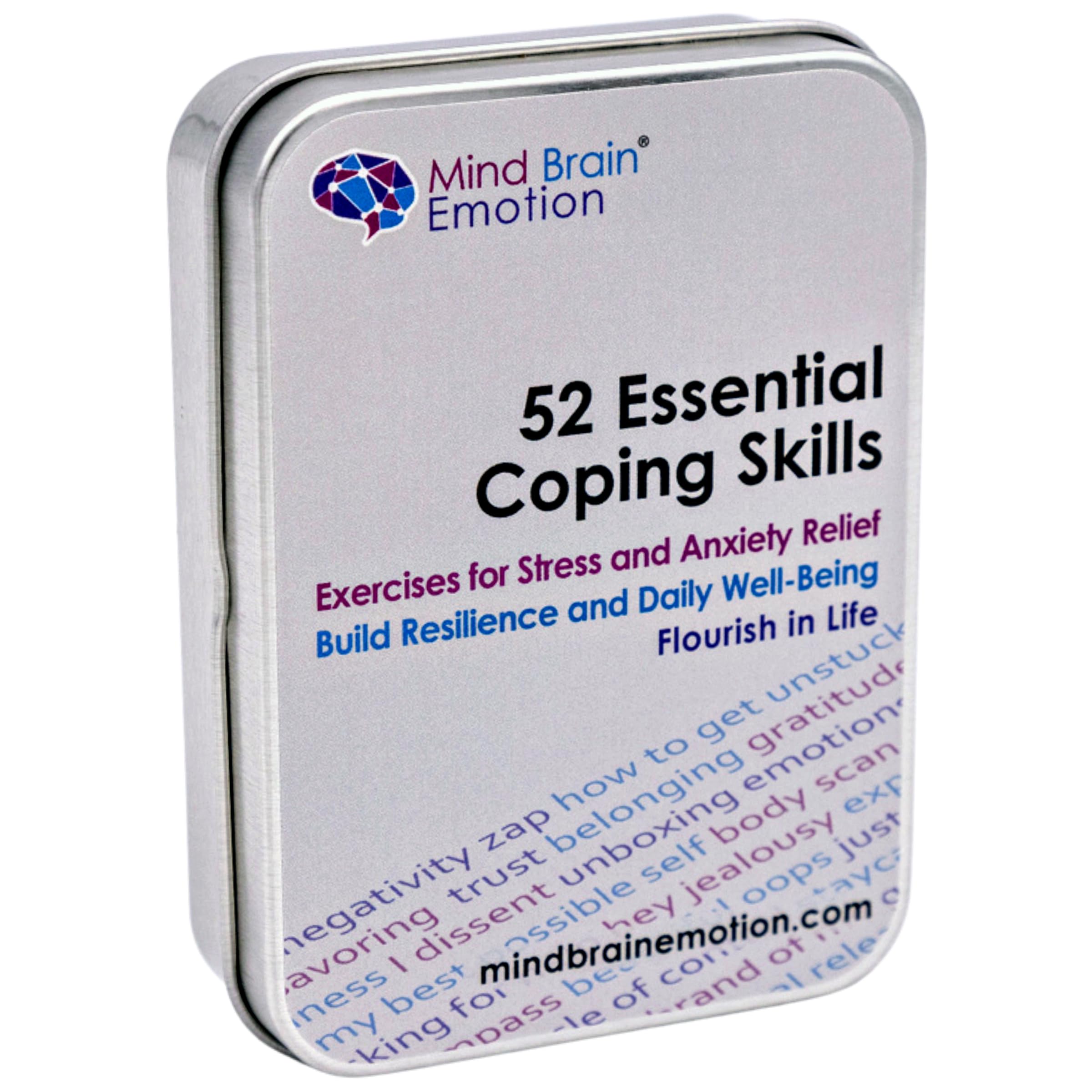 Mind Brain Emotion card deck cover showing portable coping skills for on-the-go stress relief.