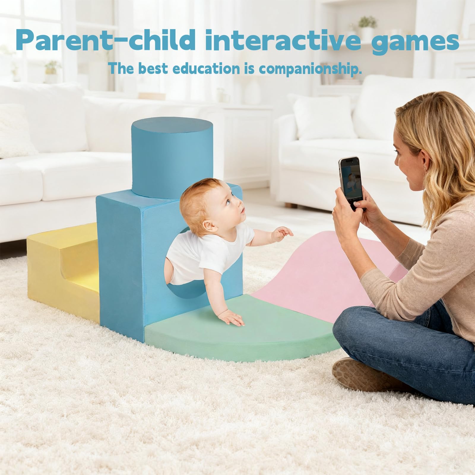MIND&ACTION colorful blocks used with a playpen to create a baby climbing gym.
