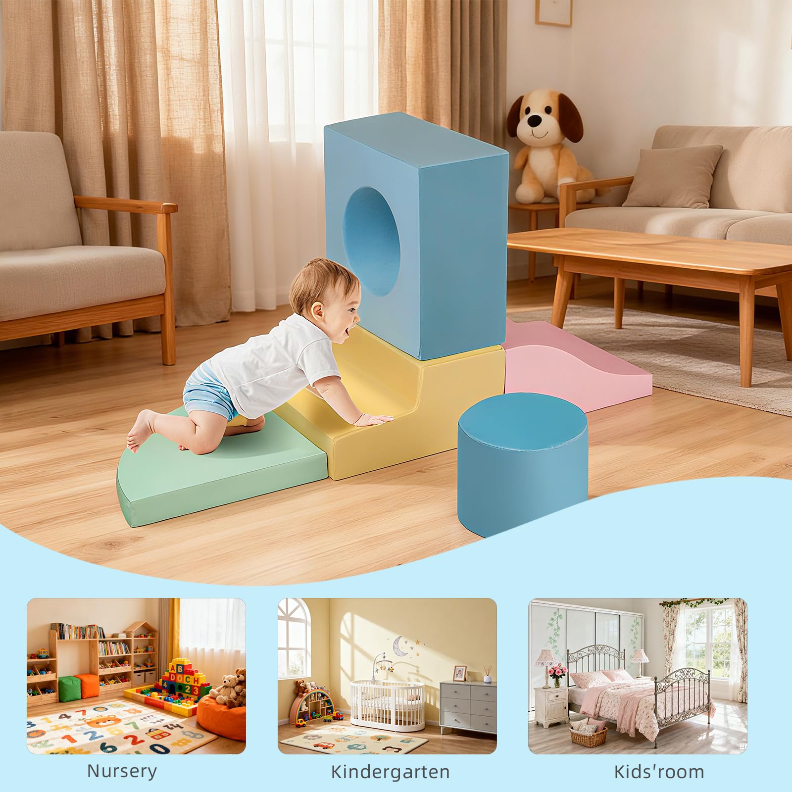 MIND&ACTION foam blocks with washable fabric for easy cleanup after play.