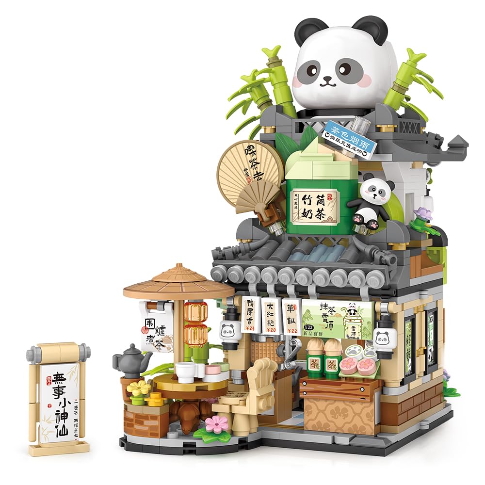 MindBox Panda Tea Shop construction inspires kids to imagine customer service and daily life.