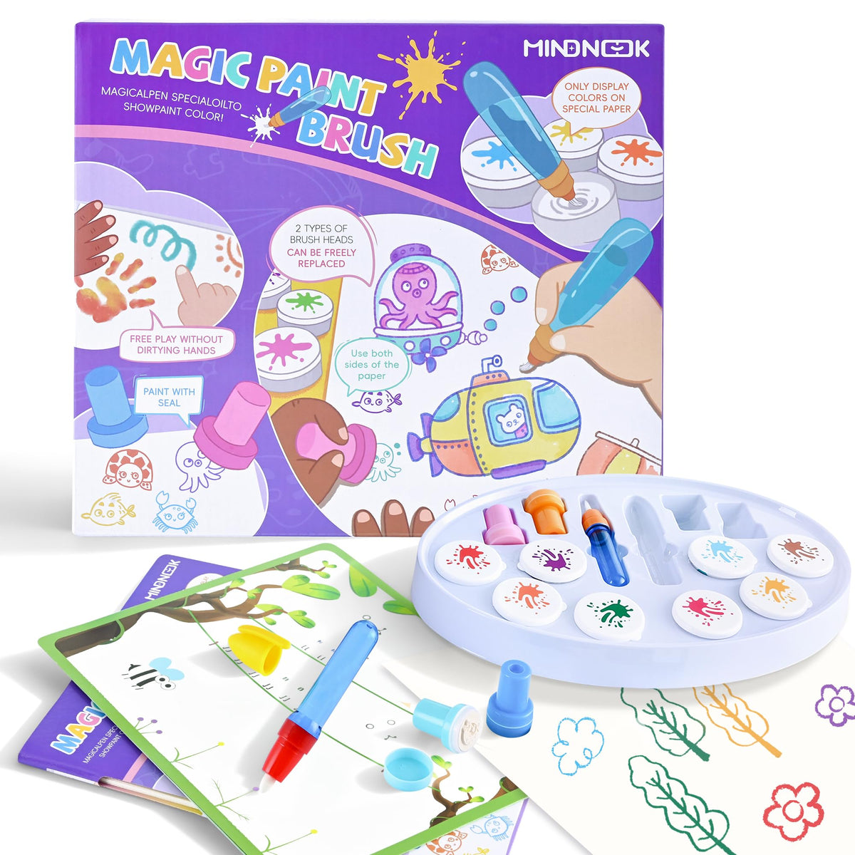 MINDNOOK Magic Brush Set: color-changing brushes powering mess-free art at home.