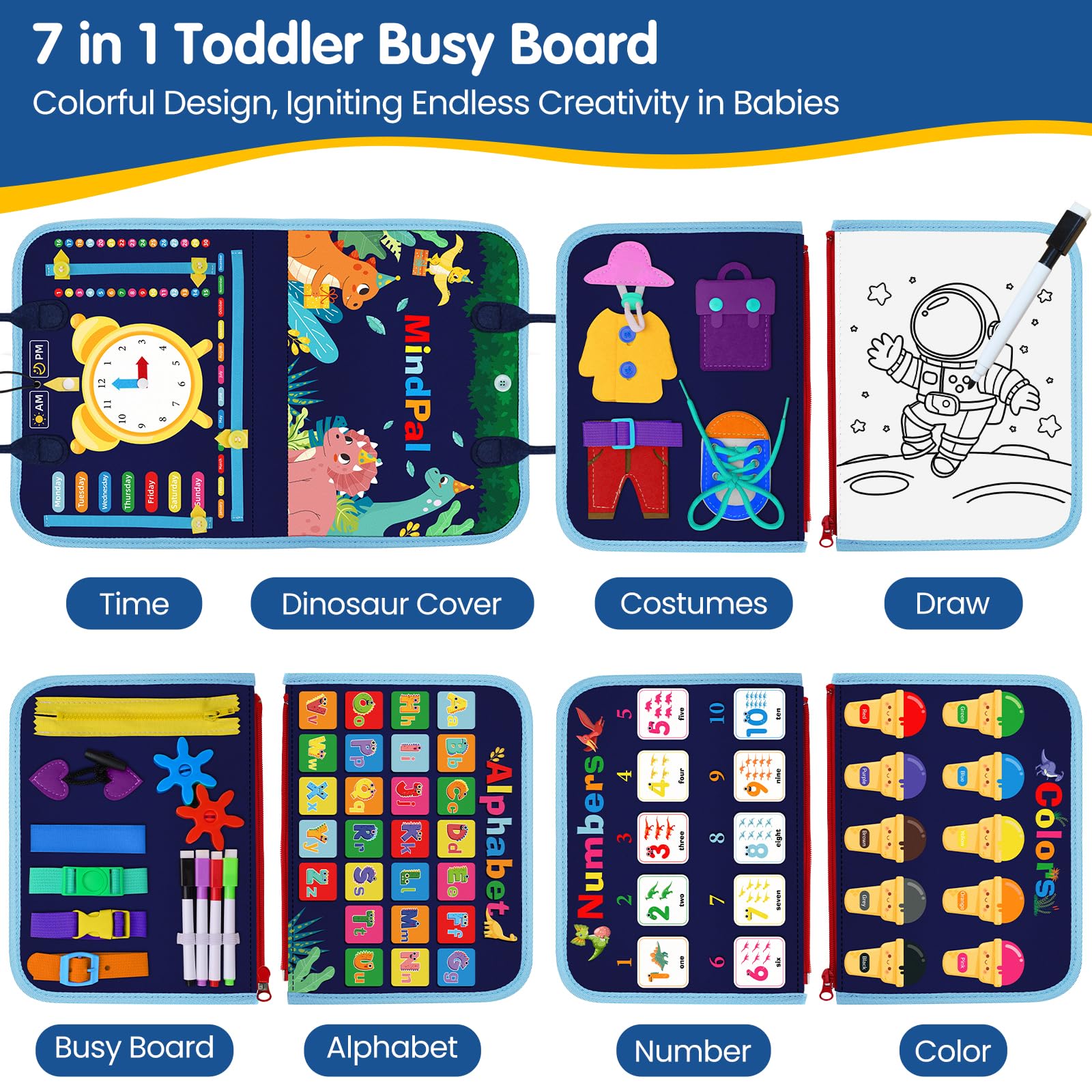 MindPal Busy Board buttons support hand-eye coordination through interactive fastening