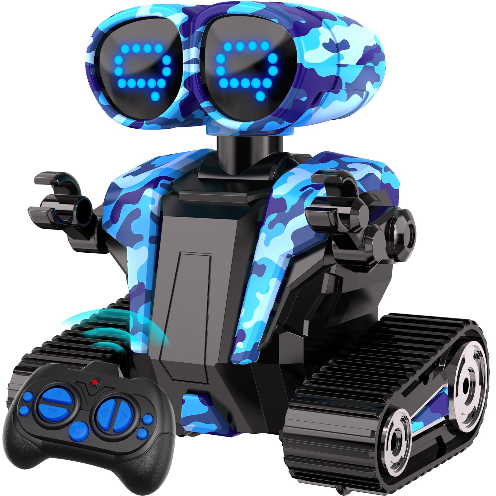 MindPal camouflage blue robot front view with LED eyes for interactive play.