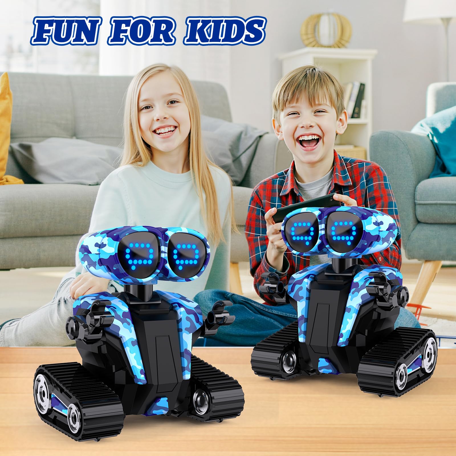 MindPal camouflage blue robot side profile with blinking LED eyes for engagement.