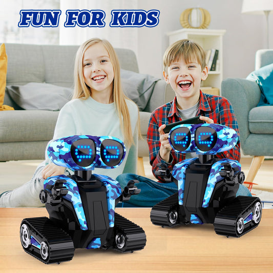 MindPal camouflage blue robot side profile with blinking LED eyes for engagement.
