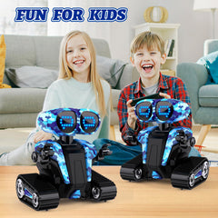MindPal camouflage blue robot side profile with blinking LED eyes for engagement.