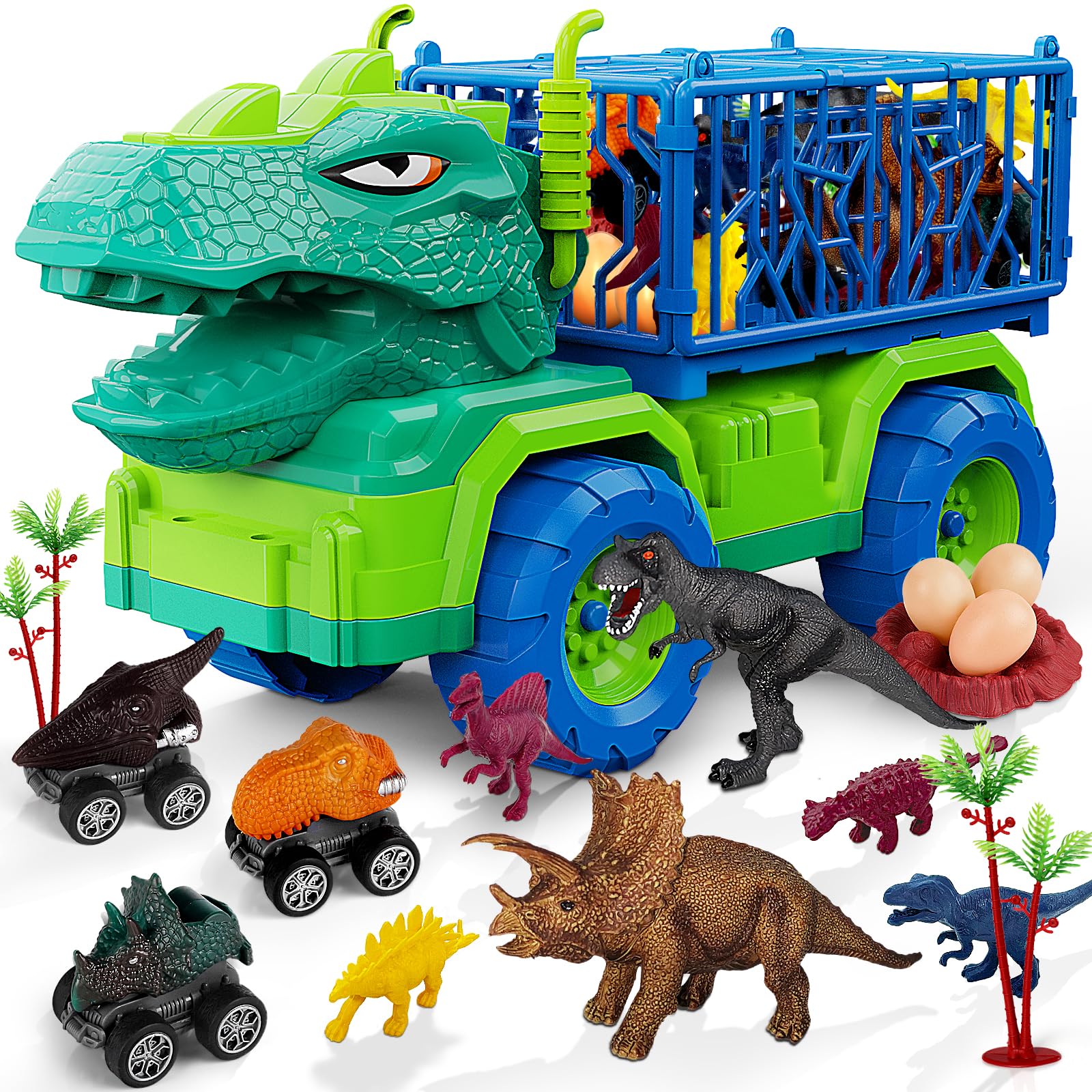 MindPal 19 in 1 dinosaur transport truck with lifelike T. rex head, for imaginative play.