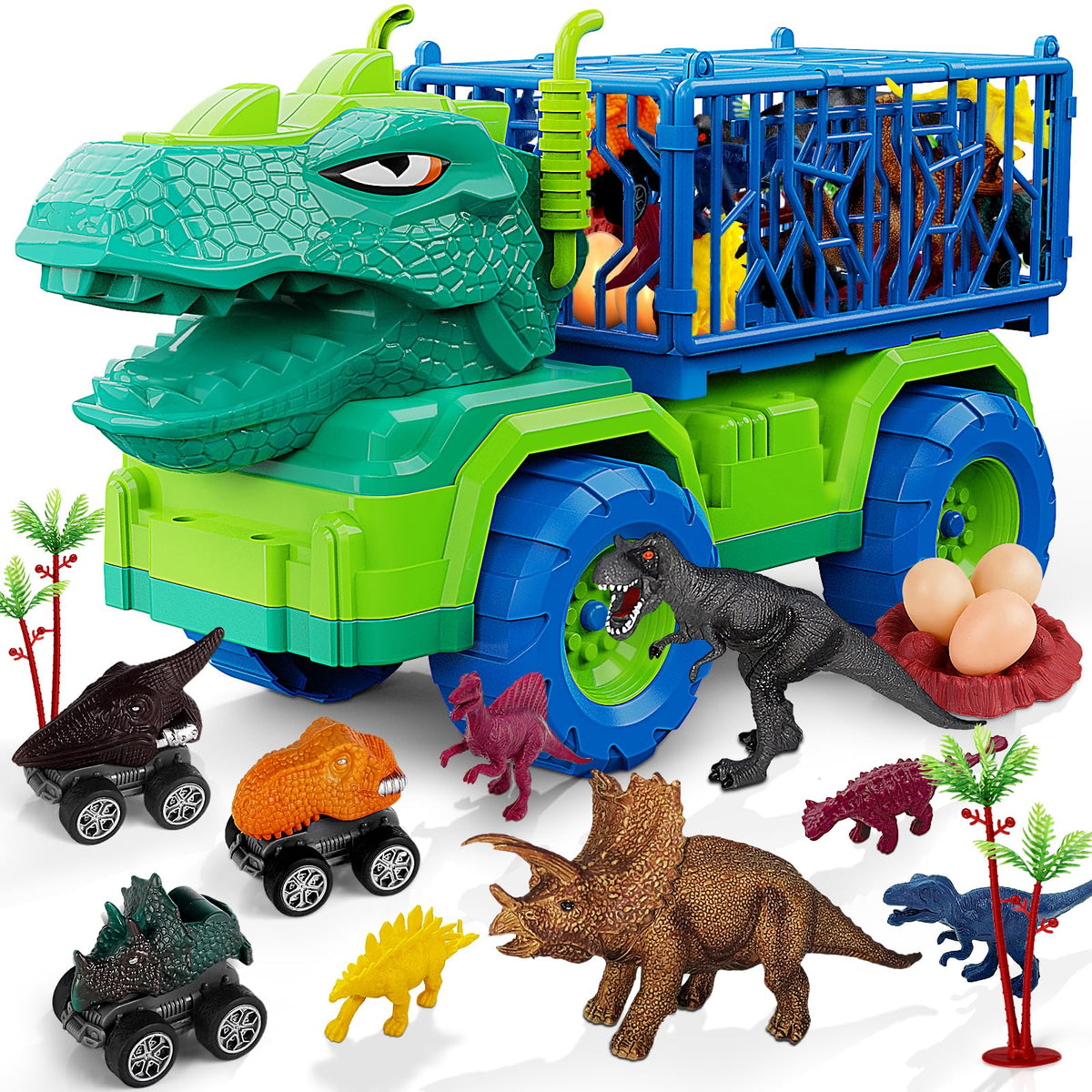 MindPal 19 in 1 dinosaur transport truck with lifelike T. rex head, for imaginative play.