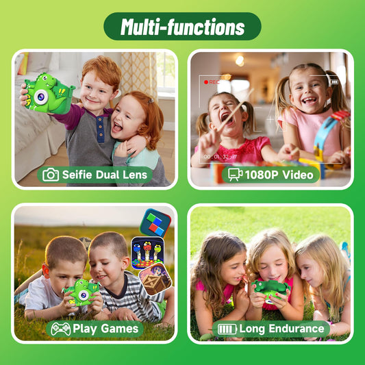 MindPal Kids Camera dinosaur side shot showing easy-grip design for small hands.
