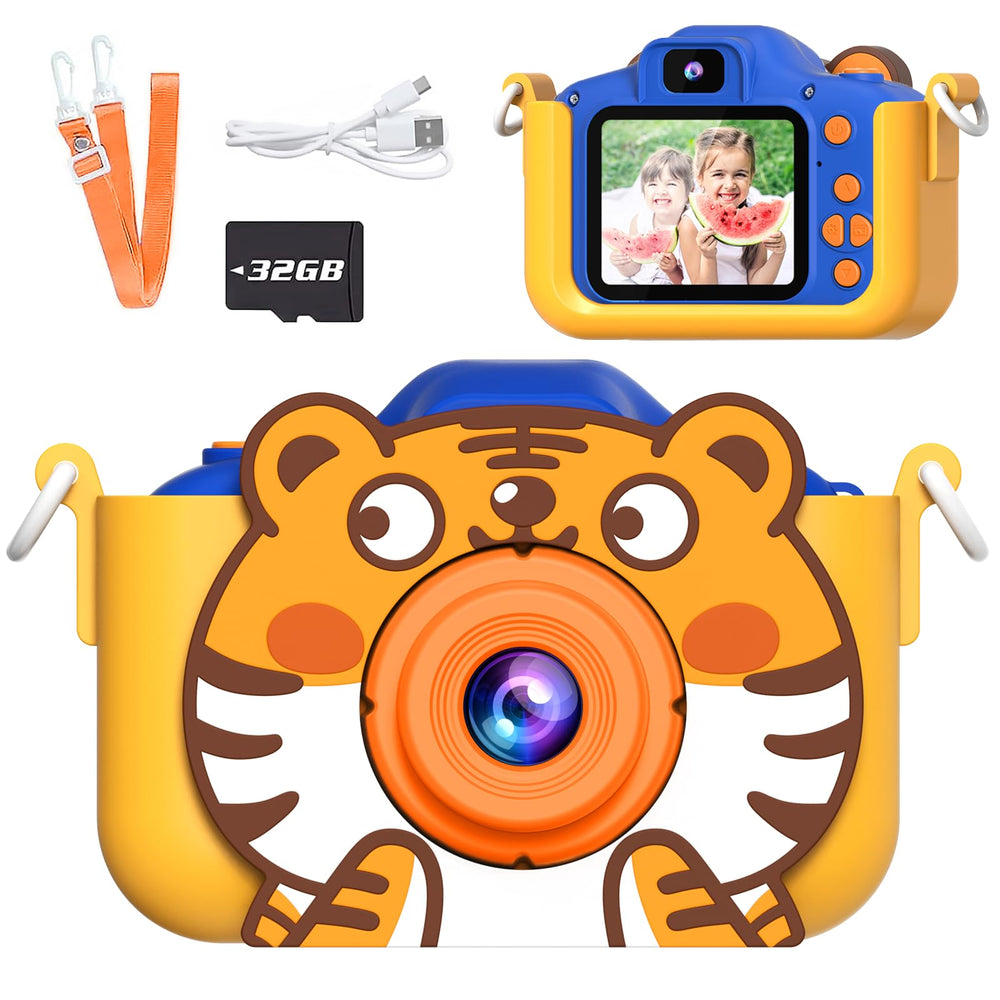 MindPal Kids Camera with tiger case front view, durable grip for toddlers.