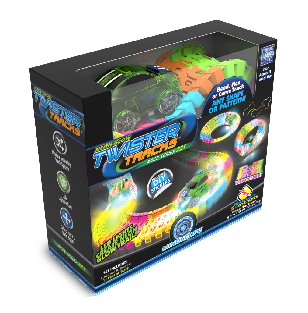 Mindscope Twister Tracks transparent light up green race car with five LEDs