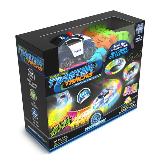Mindscope Twister Tracks neon glow assembly showing 11 ft flexible track