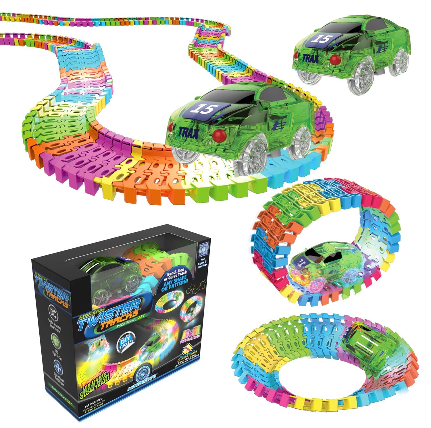 Mindscope Twister Tracks neon track assembly in action for kids' imaginative play