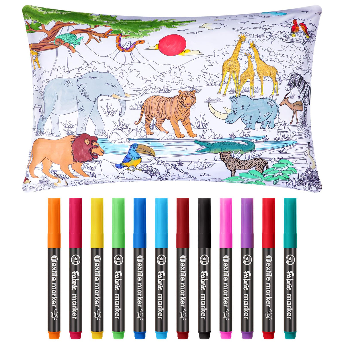 Mindsoft wild animals coloring pillowcase—blank canvas for creativity.