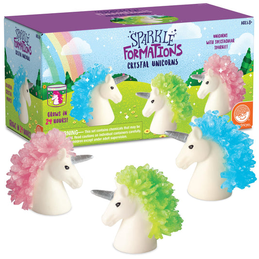 MindWare Crystal Growing Kit Unicorns: three unicorns ready for dazzling crystal display, promotes STEM learning
