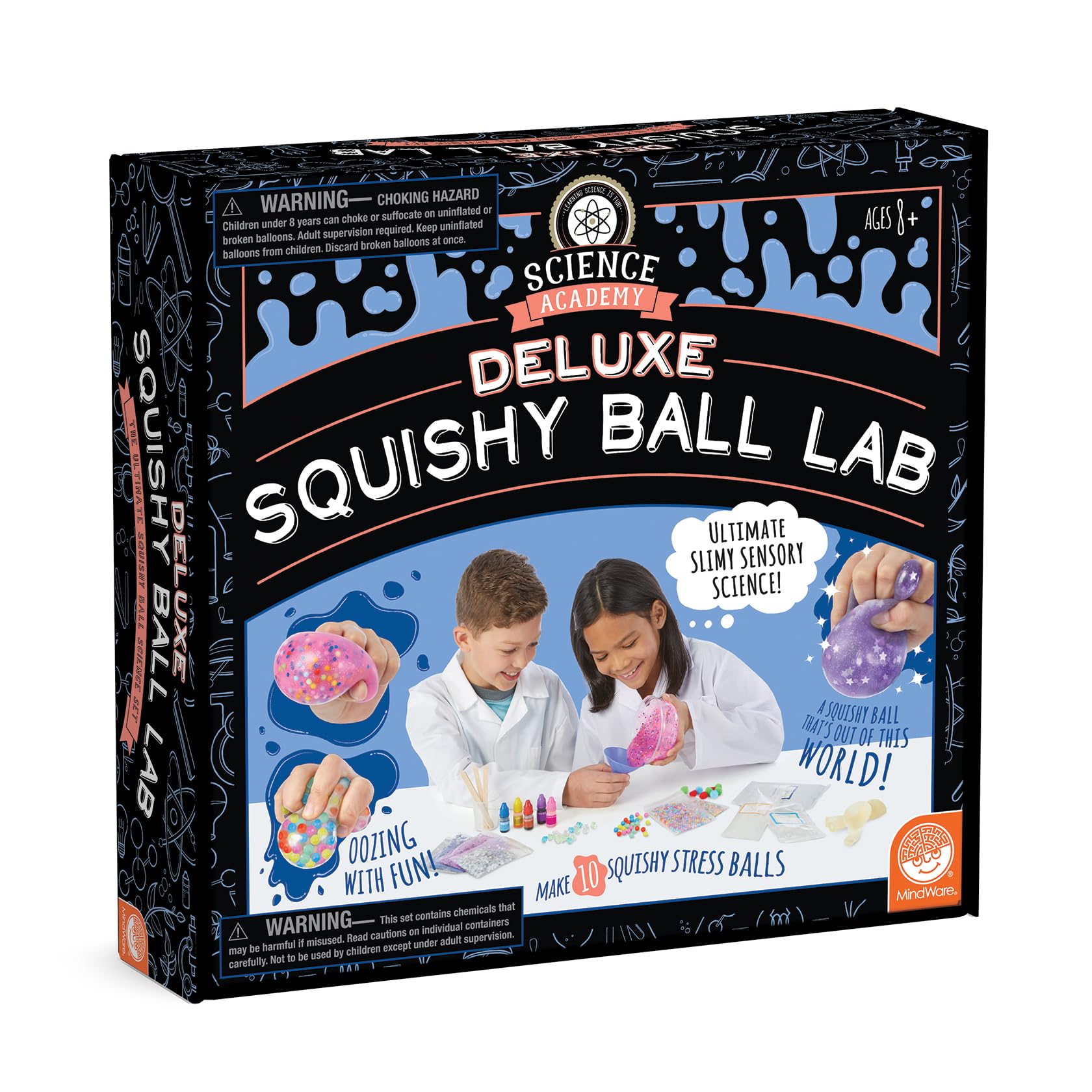 MindWare Deluxe Squishy Ball Lab packaging showcases a complete STEM kit for creative science play