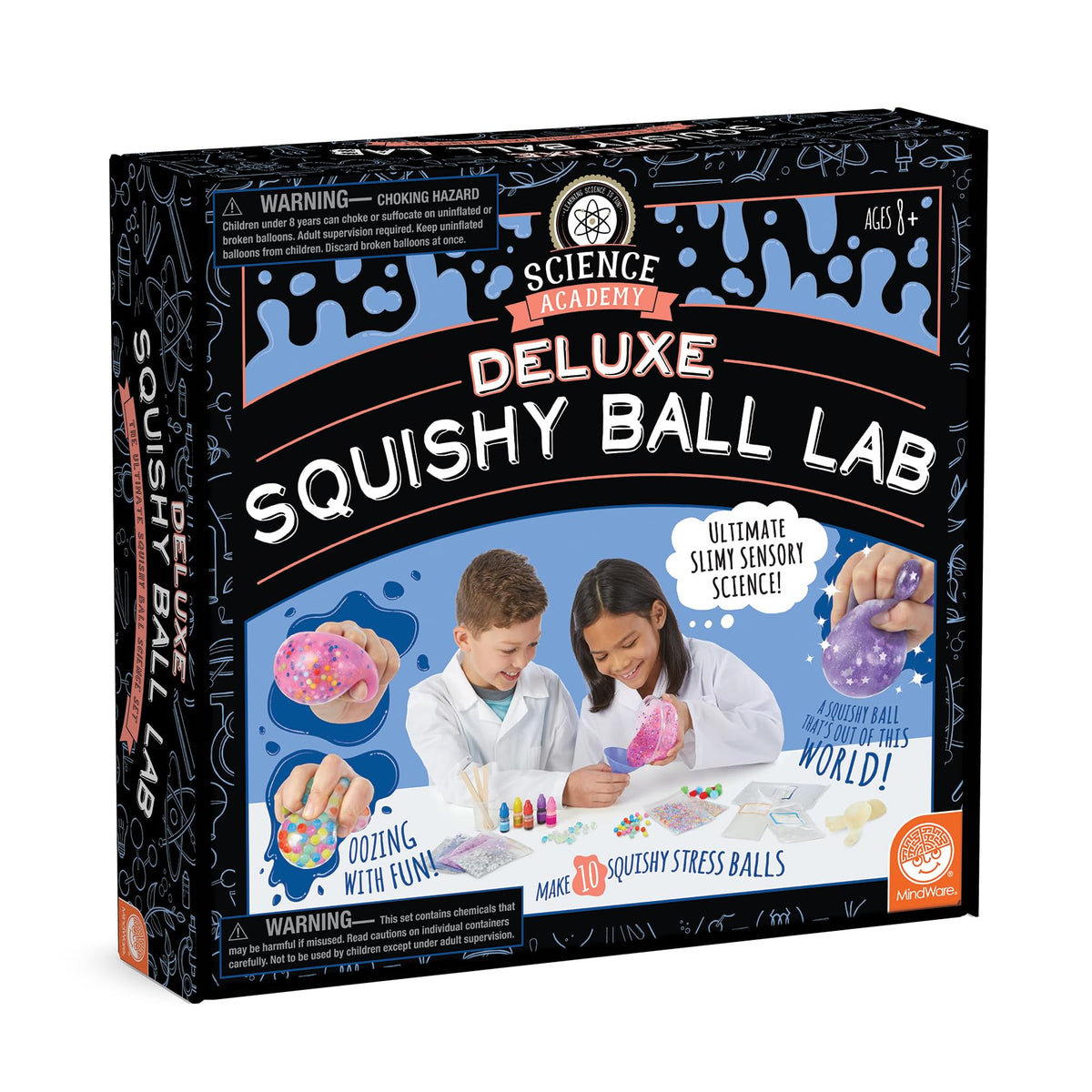 MindWare Deluxe Squishy Ball Lab packaging showcases a complete STEM kit for creative science play