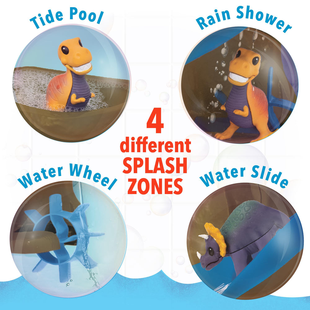 Dinosaur bath playset creates tide pool and rain shower for imaginative fun.