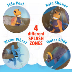Dinosaur bath playset creates tide pool and rain shower for imaginative fun.
