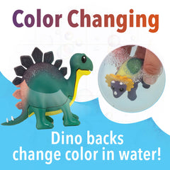 Interactive dinosaur bath toy features a spinning water wheel in action.