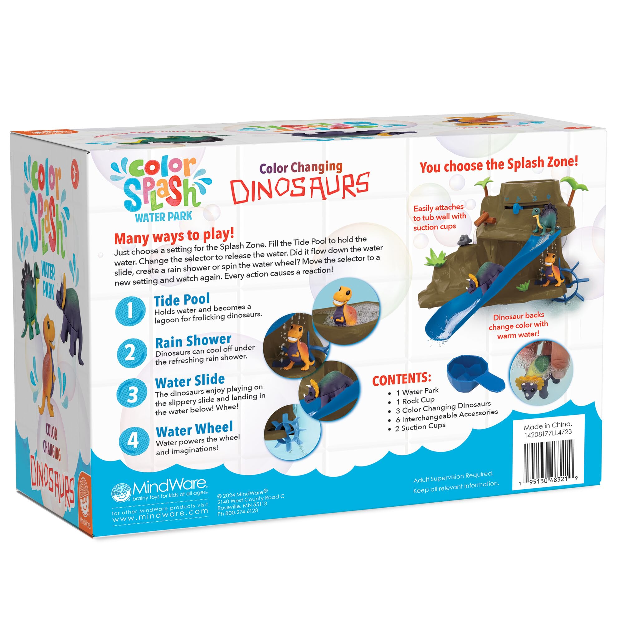 Dinosaur bath set in action offers color-changing play and storytelling in tub.