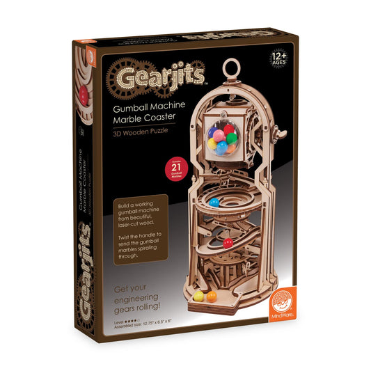 MindWare Gearjits gumball machine wooden puzzle showing a complete marble run for STEM play
